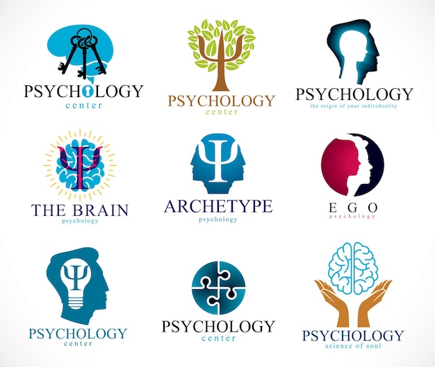Psychologie, hersenen en geestelijke gezondheid vector conceptuele pictogrammen of logo's set. Relatie- en genderpsychologische problemen en conflicten, psychoanalyse en psychotherapie, persoonlijkheid en individualiteit.