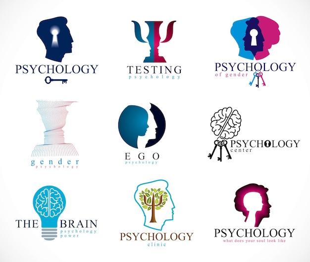 Psychologie, menselijk brein, psychoanalyse en psychotherapie, relatie- en genderproblemen, persoonlijkheid en individualiteit, cerebrale neurologie, geestelijke gezondheid. vector pictogrammen of logo's instellen.