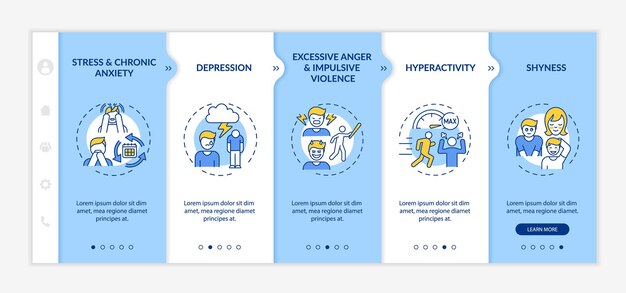 Psychologische problemen met zelfcontrole onboarding vectorsjabloon. responsieve mobiele website met pictogrammen. webpagina walkthrough 5 stappen schermen. kleurconcept voor geestelijke gezondheid met lineaire illustraties