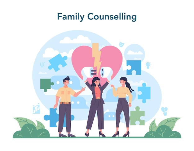 Psychologist concept mental health diagnostic doctor treating human mind family psychological counselling thoughts and emotions analysis vector illustration in cartoon style