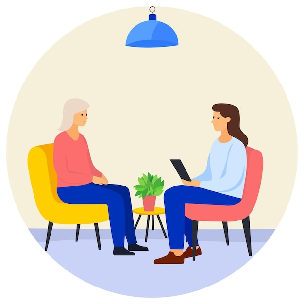 psychologist consulting woman in flat style psychology concept