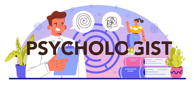 Psychologist typographic header. mental disease diagnostic and treatment. doctor curing mind disease. psychological support and mental health clinic. vector flat illustration