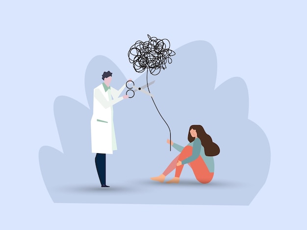 Psychologist using scissors to cut chaos messy balloon on patient reduce anxiety or stress psychotherapy to cure mental health problem or depression relief to cure overworked concept
