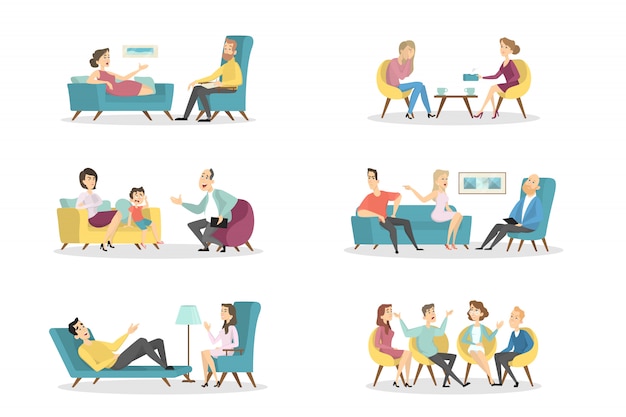 psychologists with patients set on white background.
