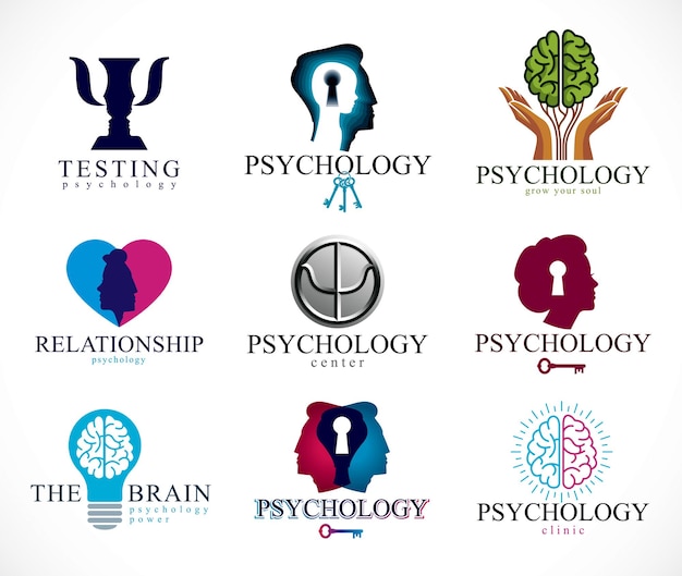 Set di icone o loghi concettuali vettoriali per psicologia, cervello e salute mentale. problemi e conflitti di psicologia delle relazioni e di genere, psicoanalisi e psicoterapia, personalità e individualità.