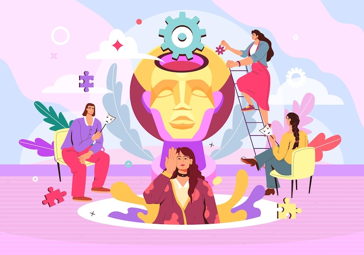 Vector psychology education learning psychological knowledge process of idea development big human brain curious behavior psychotherapy concept people communication vector illustration