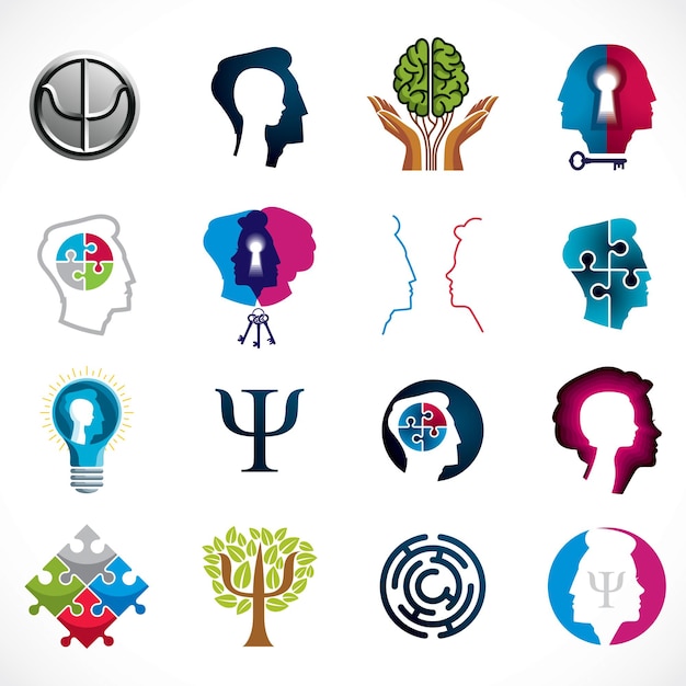 Vector psychology, human brain, psychoanalysis and psychotherapy, relationship and gender problems, personality and individuality, cerebral neurology, mental health. vector icons or logos set.