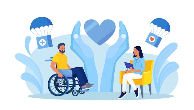 Supporto psicologico per persona in sedia a rotelle donna che si prende cura della salute mentale dell'uomo aiuto e assistenza sociale solidarietà da parte della comunità di beneficenza società di supporto sostegno dell'uomo con disabilità