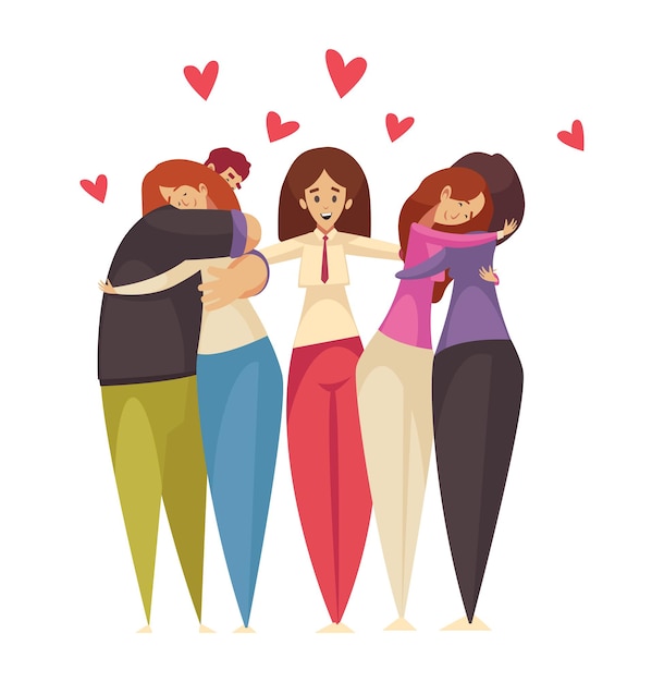 Vector psychology therapy composition with heart icons and hugging people with female psychologist vector illustration