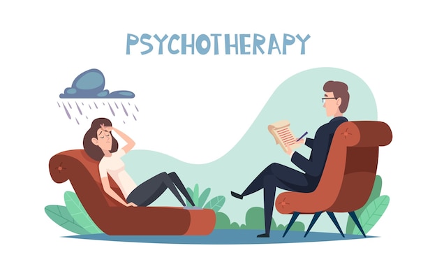 Vector psychology therapy mental problems person in depression and negative emotion reflection and talking with therapists exact vector cartoon background illustration of therapy and problem mental