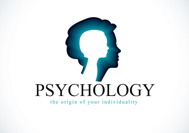 Vector psychology vector logo created with woman head profile and little child girl inside, inner child concept, origin of human individuality and psychic problems. psychotherapy and psychoanalysis concept.