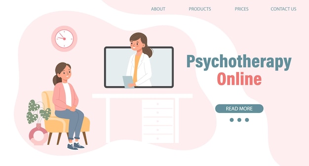 Psychotherapie online een vrouw die met een psycholoog praat op het scherm Mental health banner