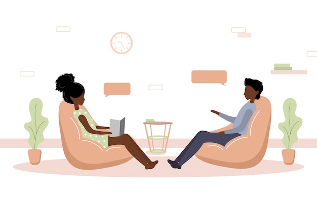 Psychotherapie praktijk en psychologische hulp. Afrikaanse vrouw ondersteunt jongen met psychische problemen. Therapie en counseling voor mensen met stress en depressie.