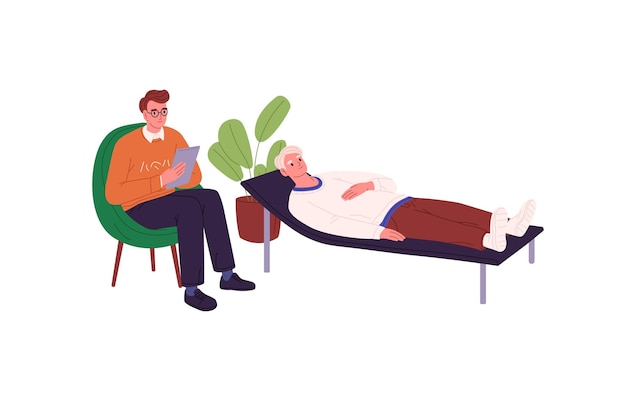 Психотерапевт и пациент на сеансе психотерапии Клиент с психическим расстройством лежит на диване в кабинете психиатра Концепция психоанализа Плоская векторная иллюстрация на белом фоне