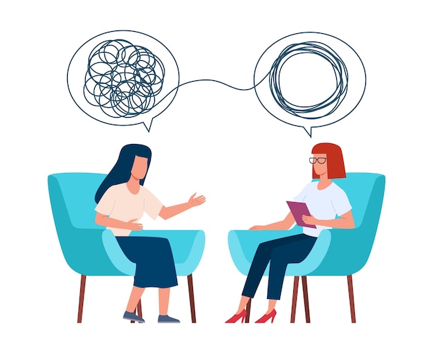 Psychotherapy concept. psychologist and patient with tangled and untangled mind metaphor, doctor solving psychological problems, couch consultation, mental health treatment flat vector illustration