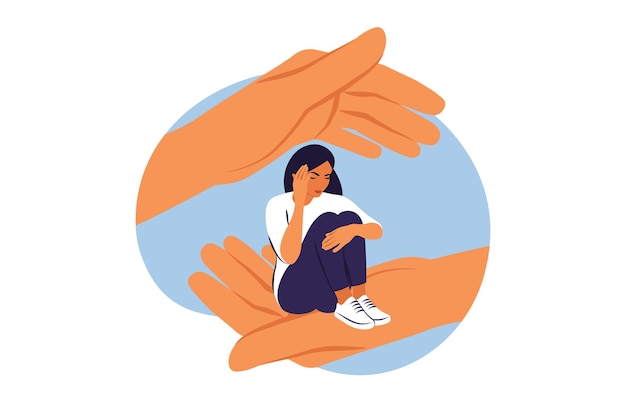 Vector psychotherapy concept a young woman character sitting on a hand palm psychotherapy help and support a counseling session vector illustration