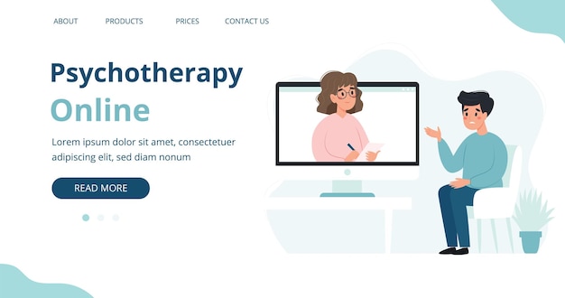 Psychotherapy online man talking to psychologist on the screen mental health banner or landing page