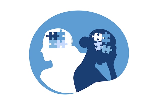 Psychotherapy or psychology support concept. two woman different states of consciousness mind - depression and positive mental health mood. vector illustration. flat