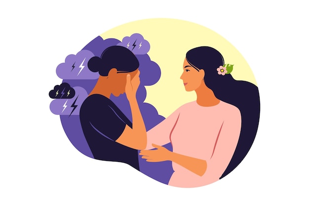 psychotherapy or psychology support concept two woman different states of consciousness mind  depression and positive mental health mood vector illustration flat