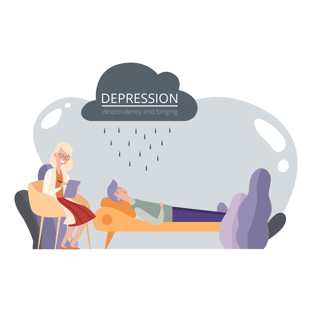 심리 치료 세션, 심리적 도움. 우울한 남자와 심리 치료사 그림