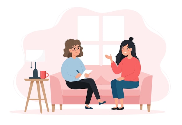 Vector psychotherapy session woman talking to psychologist sitting on sofa mental health concept