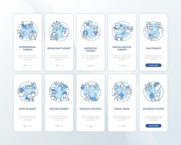 Psychotherapy types and ptsd reasons onboarding mobile app page screen with concepts set