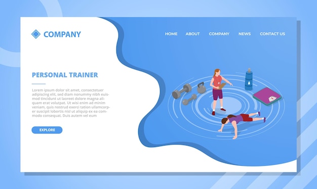 Vector pt personal trainer concept for website template or landing homepage with isometric style