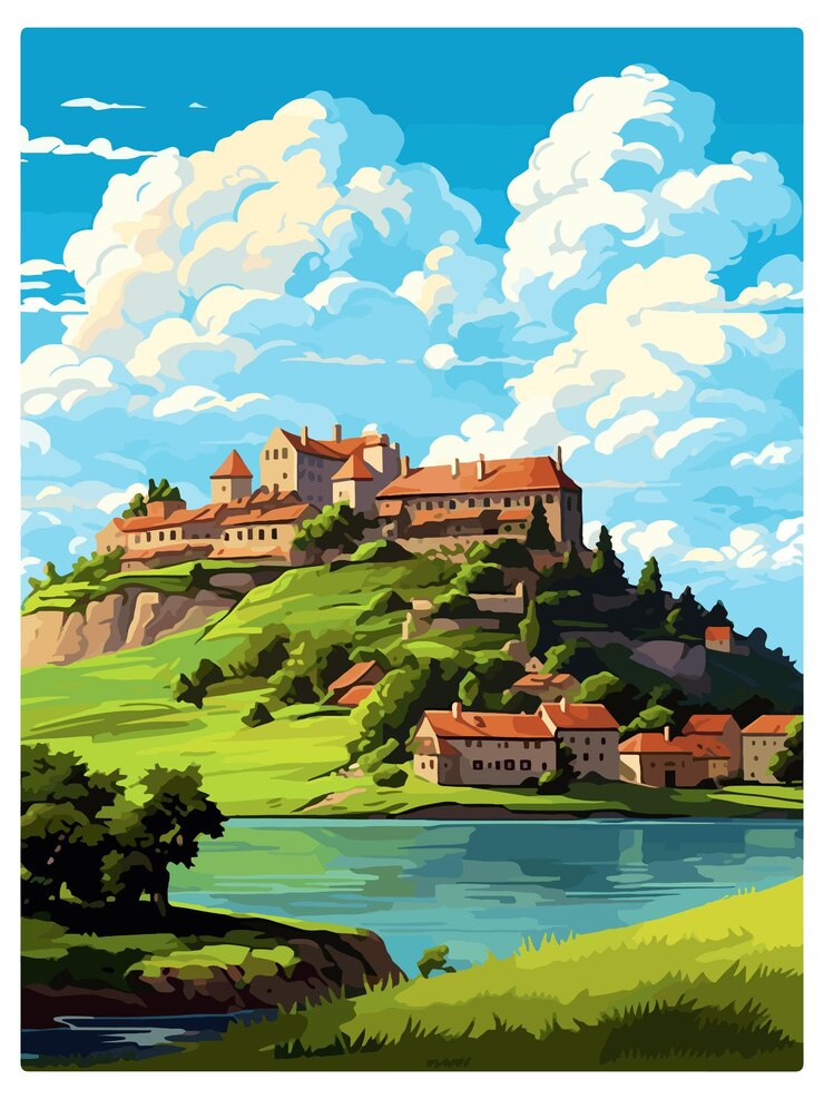 Vector ptuj castle slovenia lake bled vintage travel poster souvenir postcard portrait painting wpa