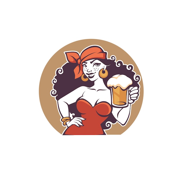 Vettore pub party, ritratto di bella signora dei cartoni animati tenere una birra alla spina