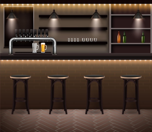 Pub trendy interior with bar stools row near counter desk equipped with draft beer tap  realistic 