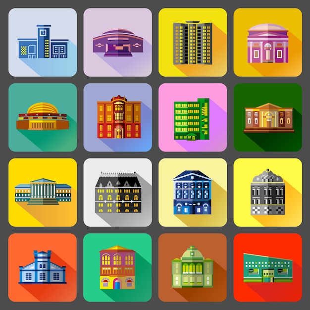 Public buildings icons set in flat style