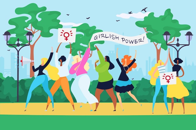 Public demonstration woman group together slogan girl power, feminism movement equality right flat vector illustration, street urban meeting. woman procession with banner girlish force