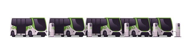 Public electric buses charging parking at the charger station
with a plug in cable electrified transportation e-motion ev
management sustainable transport concept horizontal vector
illustration