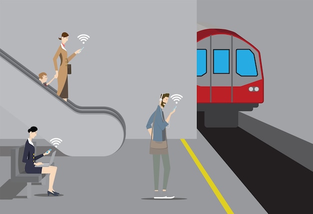 Вектор Концепция общественного бесплатного wi-fi. пассажиры используют свои мобильные устройства на платформе метро.