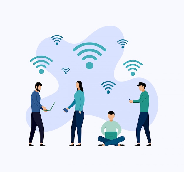 Vettore connessione wireless di zona hotspot wifi gratuita pubblica, illustrazione di concetto di affari