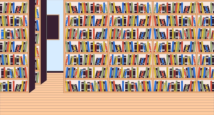 Vector public library interior cartoon flat illustration