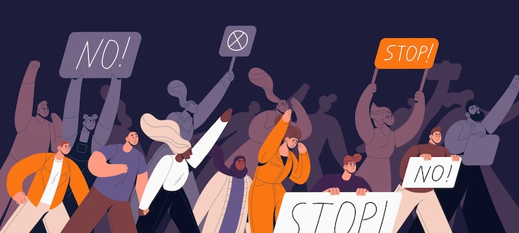 Vector public meeting against smth with banners at night activists crowd of with stop signs in protest picket people with placards at street demonstration for rights equality flat vector illustration
