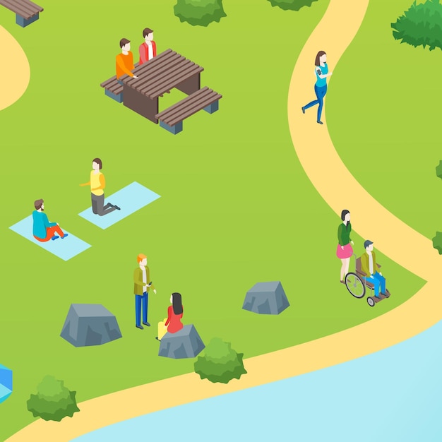 Public park with resting people concept card poster scene element web design style vector illustration of active leisure in city