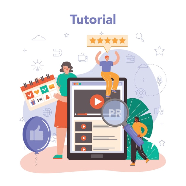 Онлайн-сервис или платформа для менеджеров по связям с общественностью. специалист выстраивает и развивает отношения с заказчиком. онлайн-учебник. плоские векторные иллюстрации