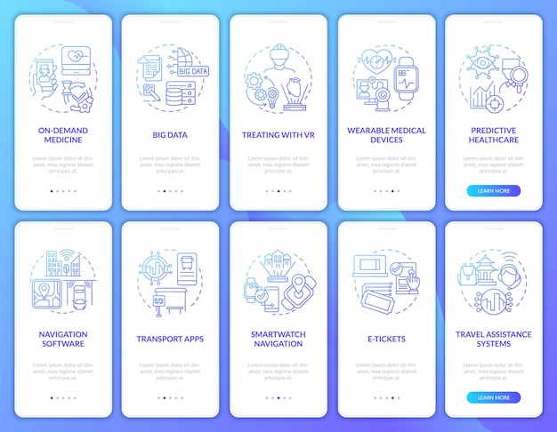 public services with digital technology onboarding mobile app page screen set. tech walkthrough 5 steps graphic instructions with concepts. ui, ux, gui vector template with linear color illustrations