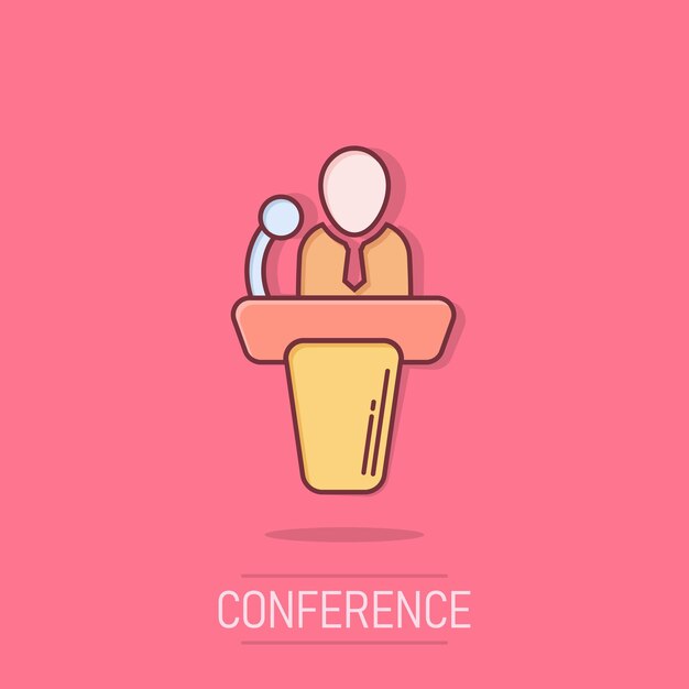 Public speach icon in comic style Podium conference vector cartoon illustration on isolated background Tribune debate business concept splash effect