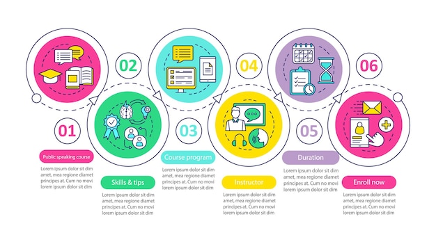 Modello di infografica vettoriale del corso di parlare in pubblico programma di suggerimenti per la formazione dell'oratorio visualizzazione dei dati con sei passaggi e opzioni grafico della sequenza temporale del processo layout del flusso di lavoro con icone