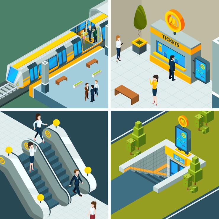 Vector public subway isometric, metro railway escalator, train and subway gates people on railway station low poly 