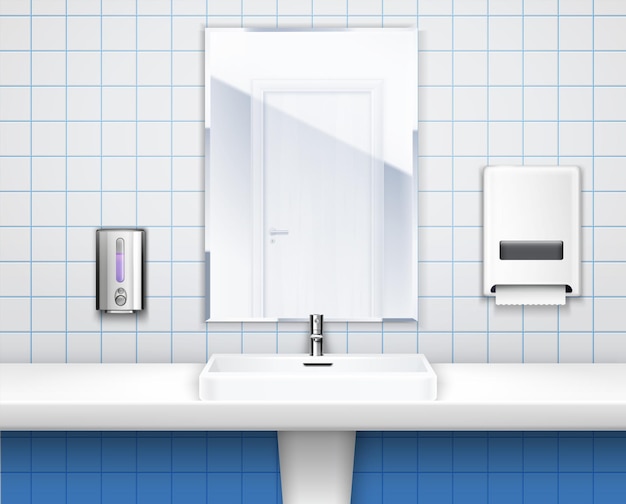 Вектор Интерьер общественного туалета с умывальником, зеркалом и мылом