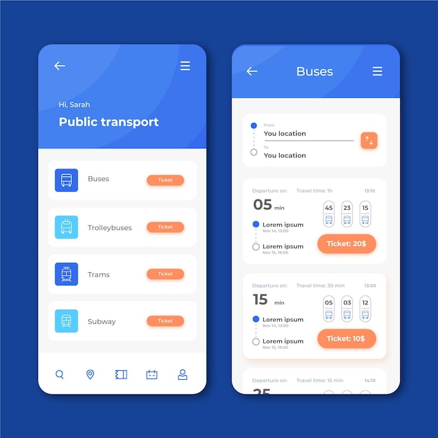 Vettore interfaccia dell'app per il trasporto pubblico
