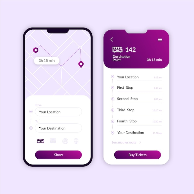 Raccolta di schermate di app per i trasporti pubblici