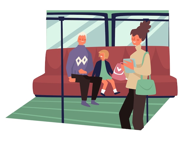 Vector public transport interior passengers of underground subway train