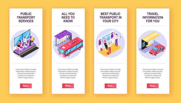 Vector public transport isometric cartoon banner set