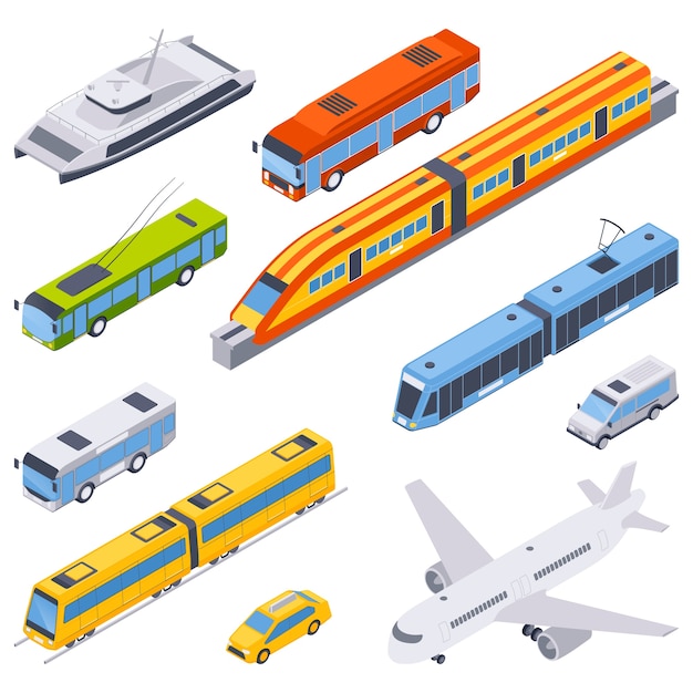 public transport isometric cartoon set