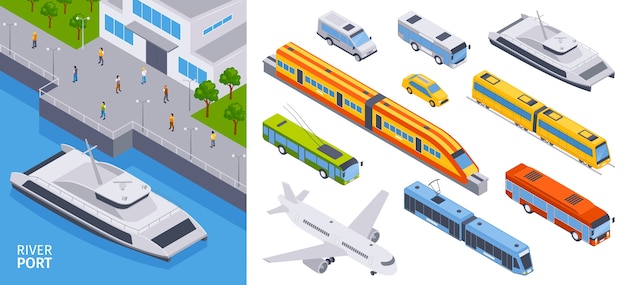 Public transport isometric cartoon set